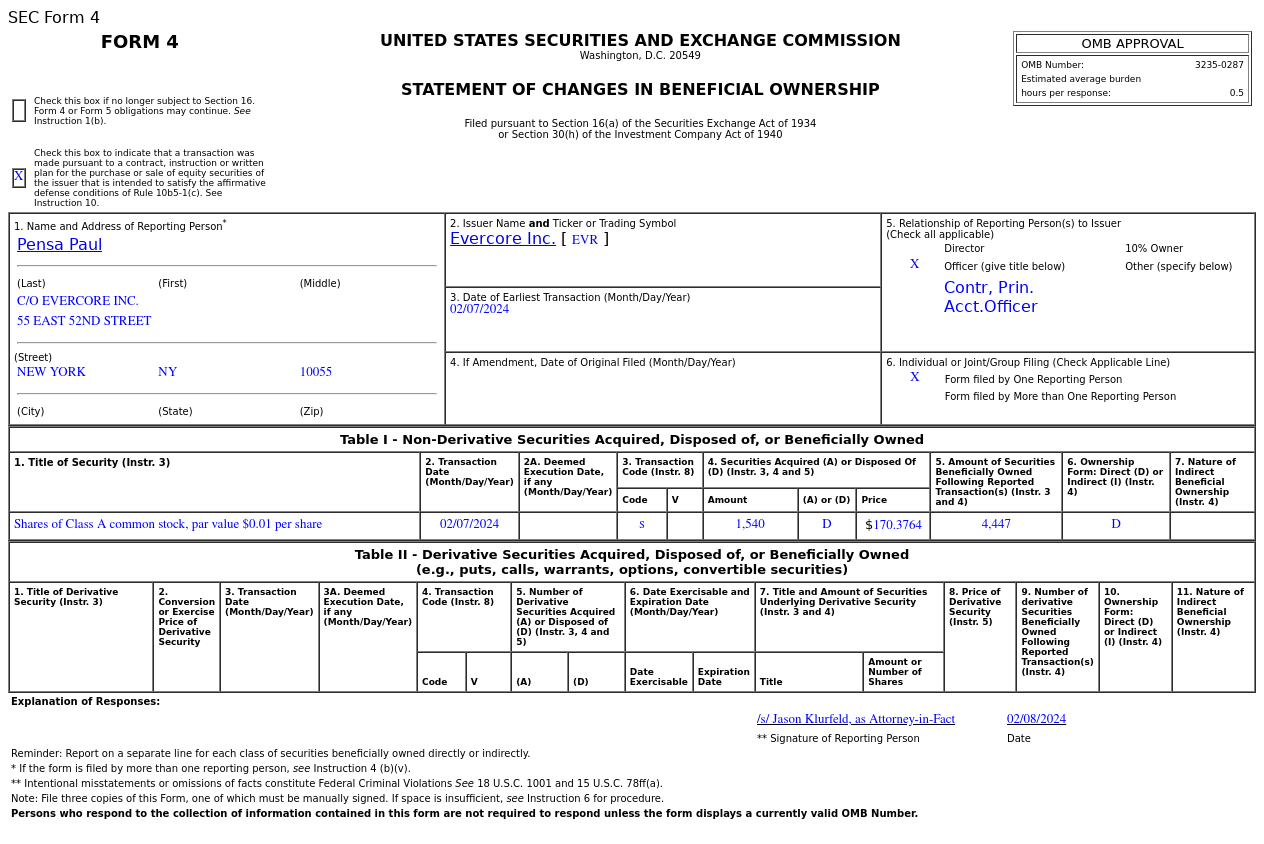 Evercore(EVR.US) Officer Sells US$262.38K in Common Stocks