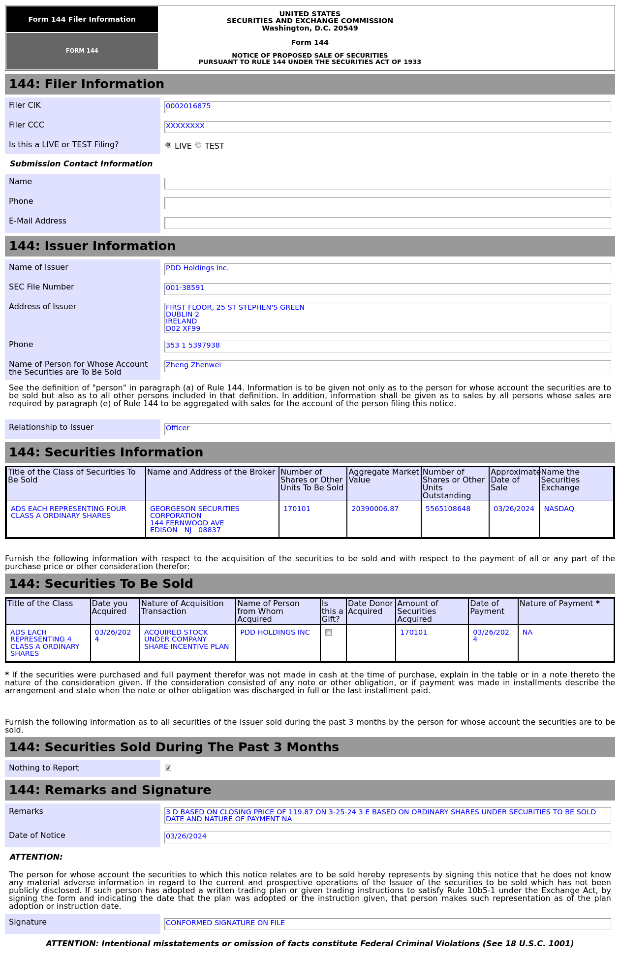 Form 144 | 拼多多(PDD.US)高管拟出售17.01万股股份，价值约2,039万美元
