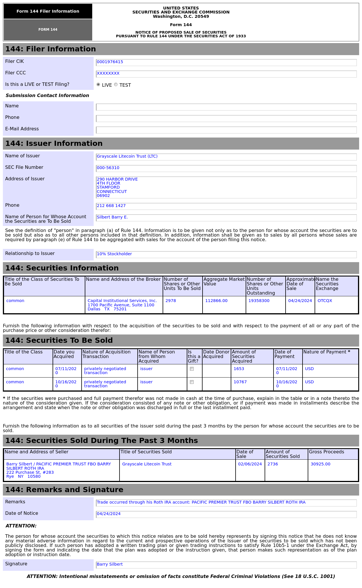 Form 144 | Grayscale Litecoin Trust(LTCN.US) 10% Stockholder Proposes to  Sell 112.87K in Common Stocks