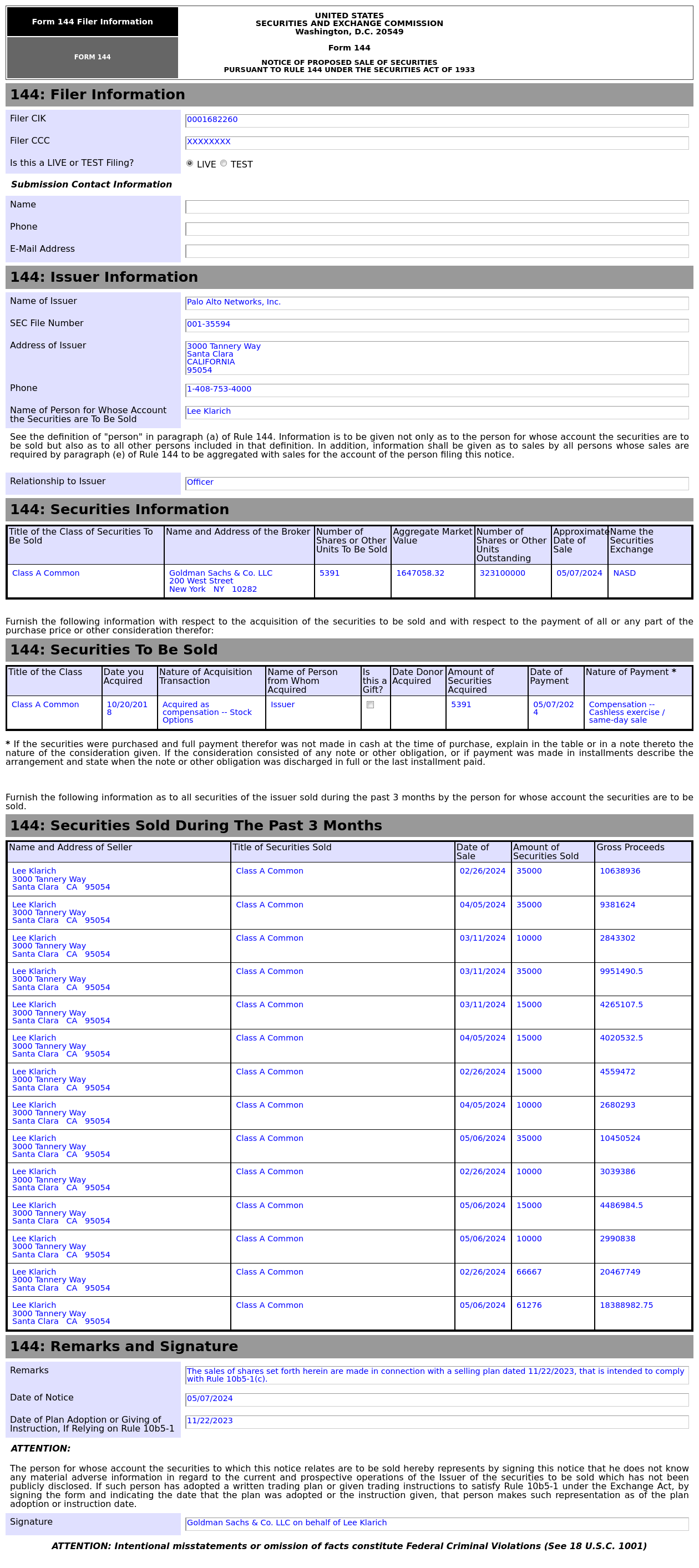 Form 144 | Palo Alto Networks(PANW.US) Officer Proposes to Sell 1.65 ...