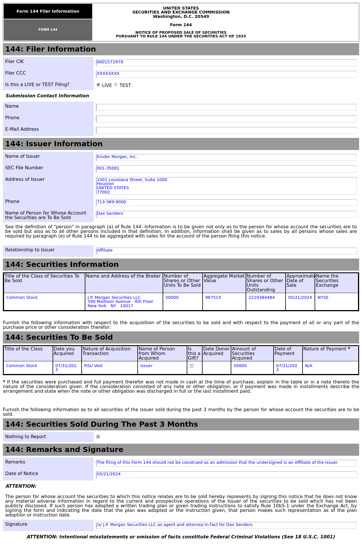 Form 144 | 金德尔摩根(KMI.US)关联方拟出售5万股股份，价值约98.75万美元