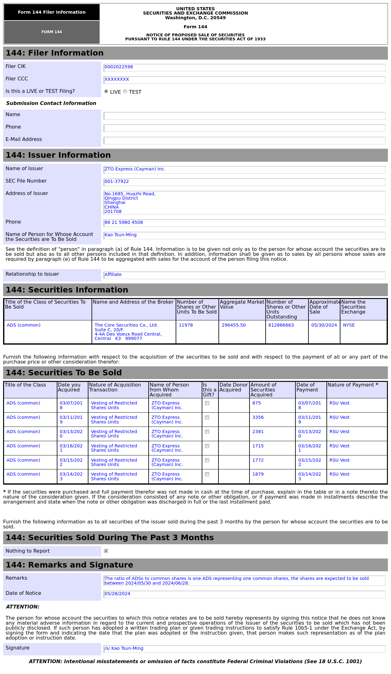 Form 144 | ZTO Express(ZTO.US) Insider Proposes to Sell 296.46K in Common  Stocks
