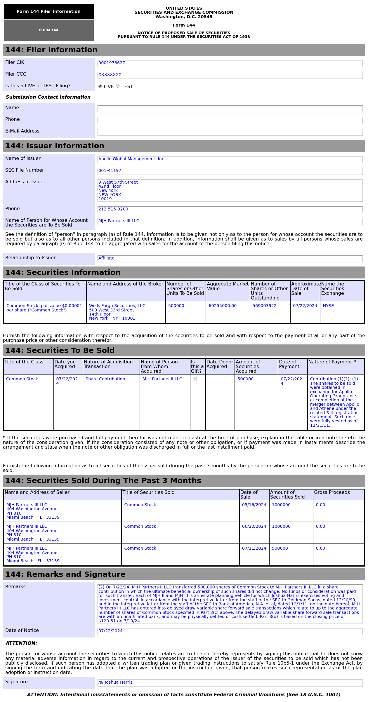 Form 144 | Apollo Global Management(APO.US) Insider Proposes to Sell 60.26  Million in Common Stocks
