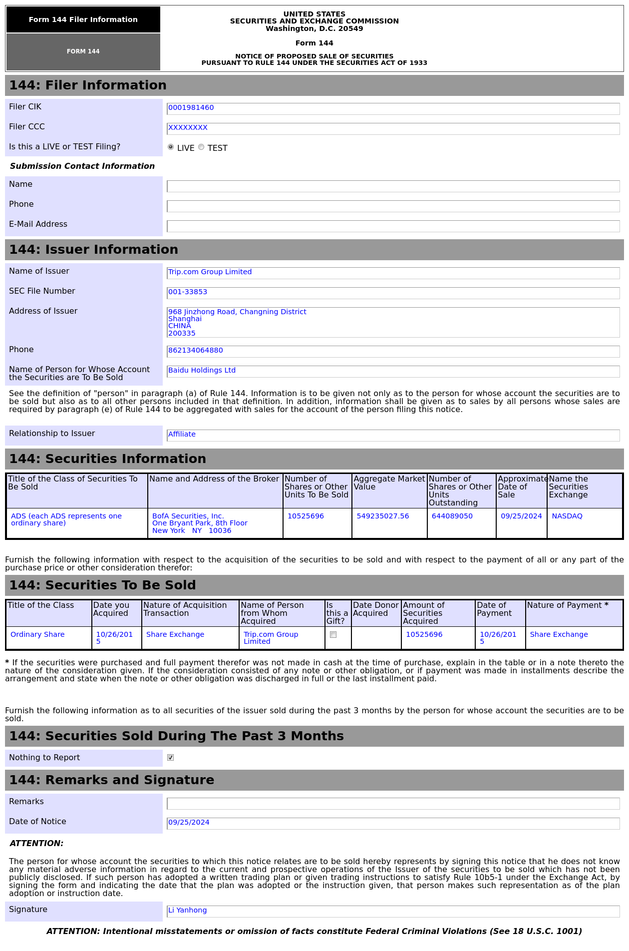 Form 144 | 携程网(TCOM.US)关联方拟出售1,052.57万股股份，价值约5.49亿美元
