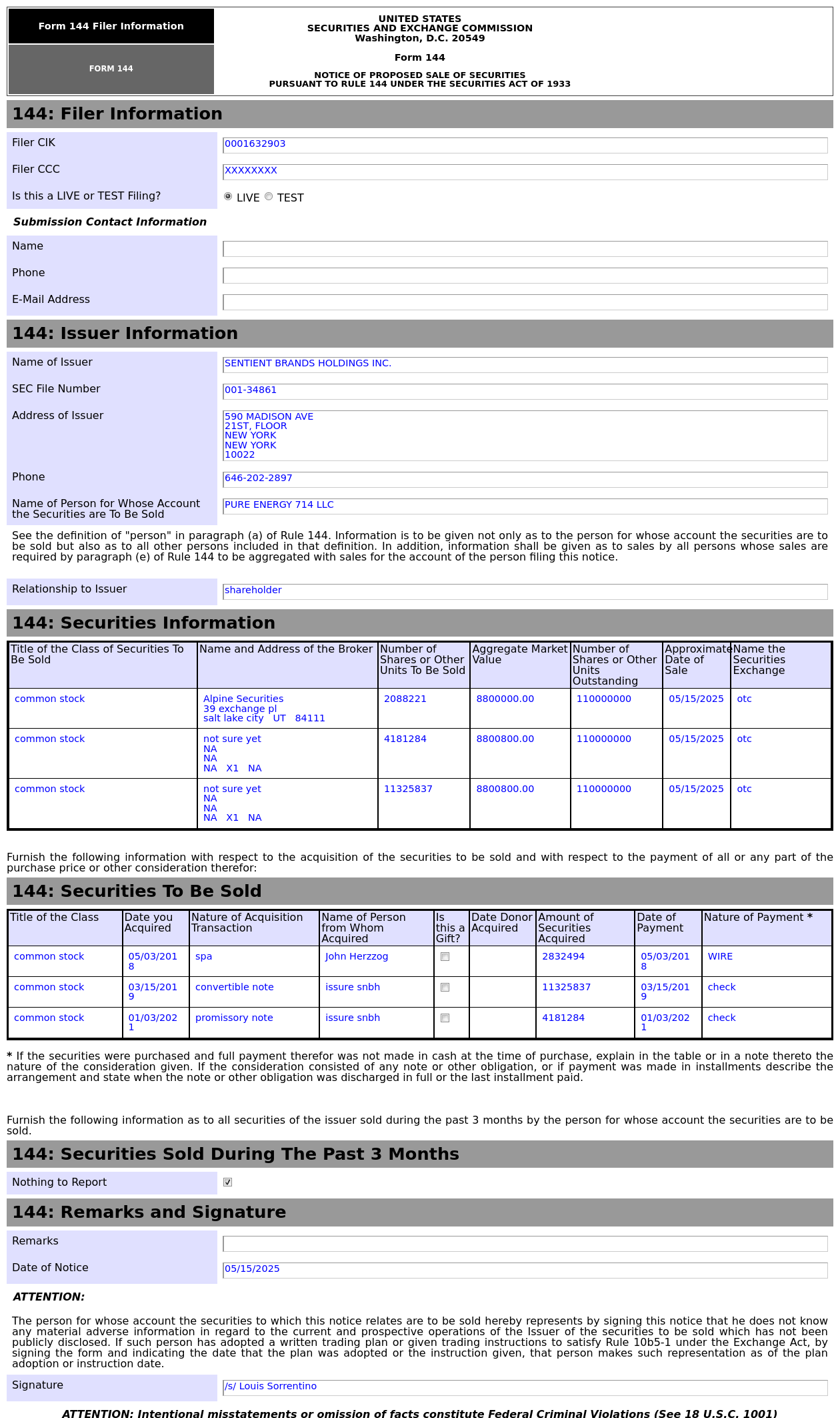 Form 144 | SENTIENT BRANDS HLDGS INC(SNBH.US) Insider Proposes to Sell 26.4  Million in Common Stocks - moomoo