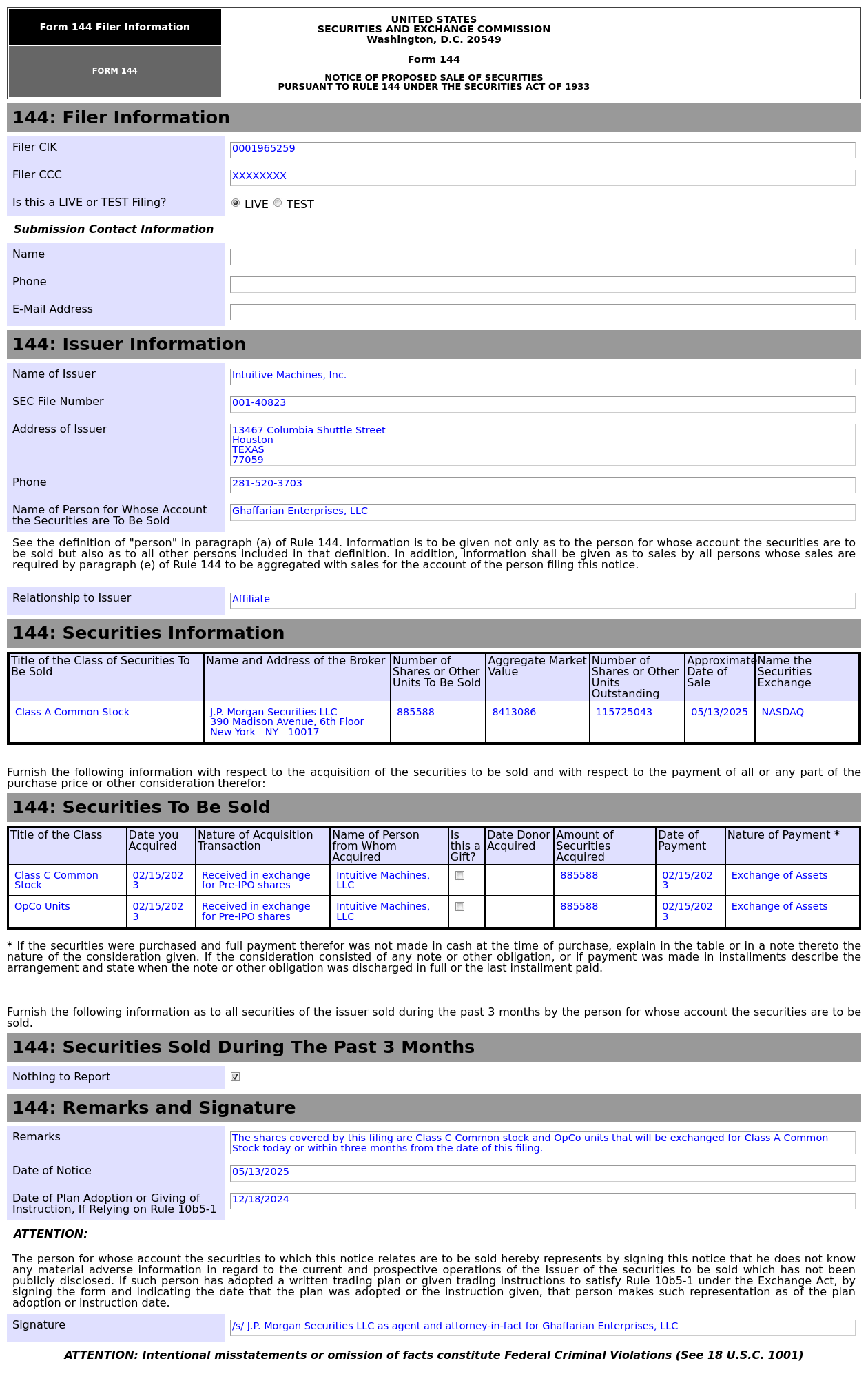 Form 144 | Intuitive Machines(LUNR.US) Insider Proposes to Sell 8.41  Million in Common Stocks - moomoo