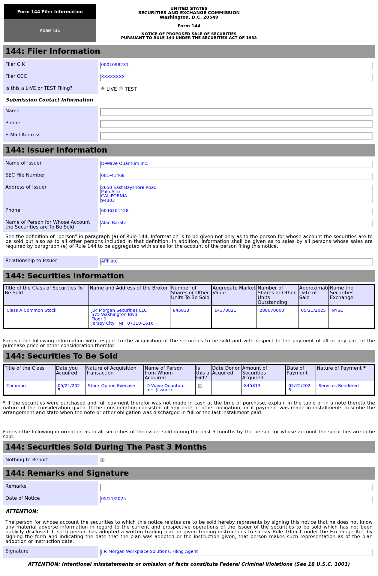 Form 144 | D-Wave Quantum(QBTS.US) Insider Proposes to Sell 14.38 ...