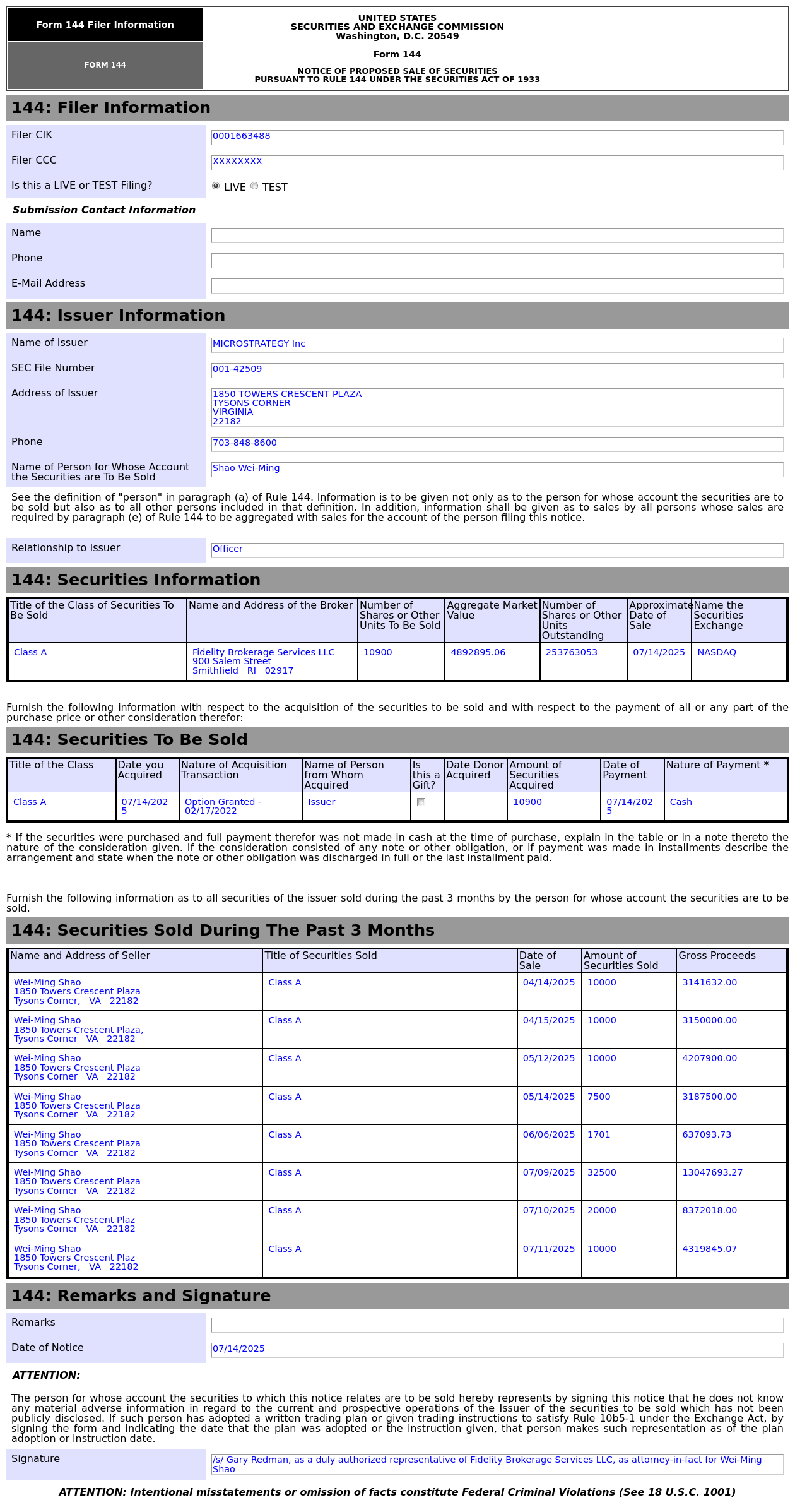 Form 144 | Strategy(MSTR.US) Officer Proposes to Sell 4.89