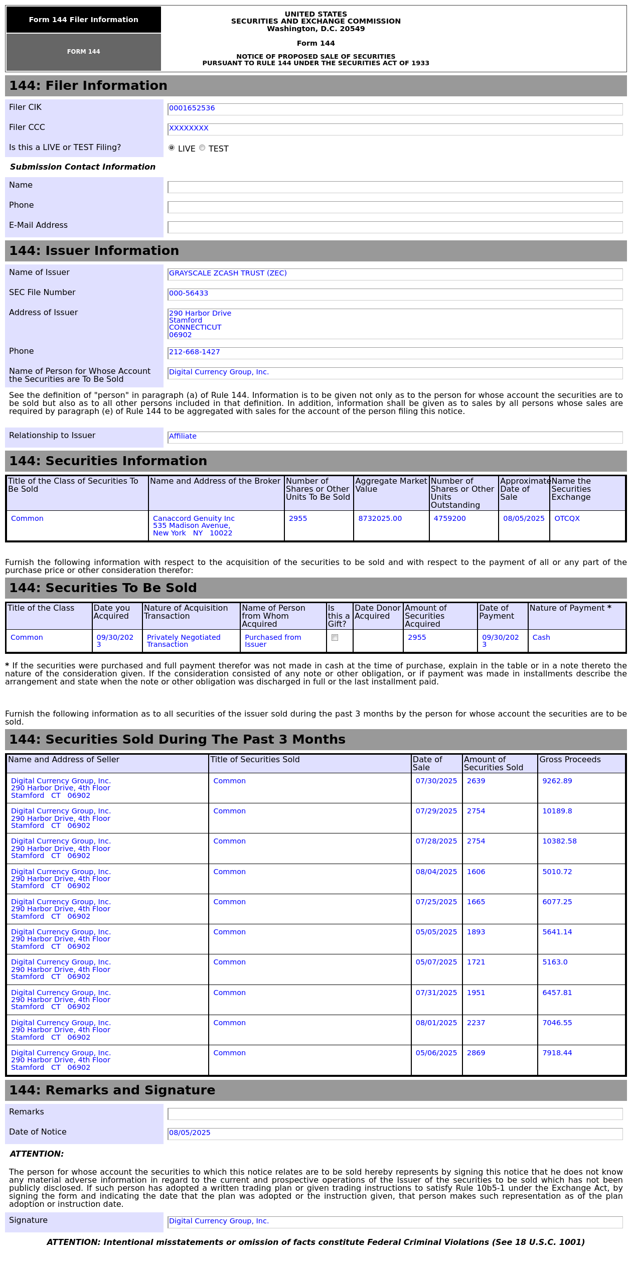 Form 144 | GRAYSCALE ZCASH TR ZEC(ZCSH.US)关联方拟出售2,955股股份，价值约873.2万美元- Moomoo