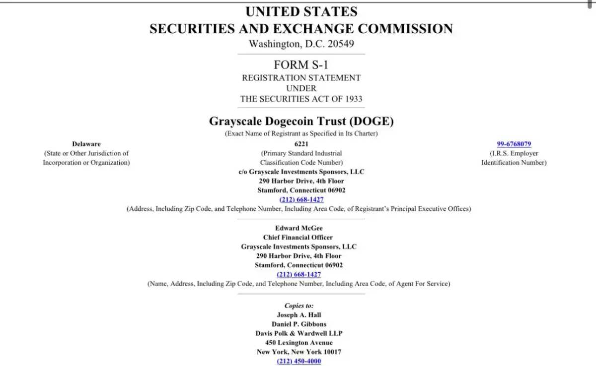 Grayscale 向美国证券交易委员会提交了DOGE 美股ETF首页的S-1 申请文件。 - Moomoo