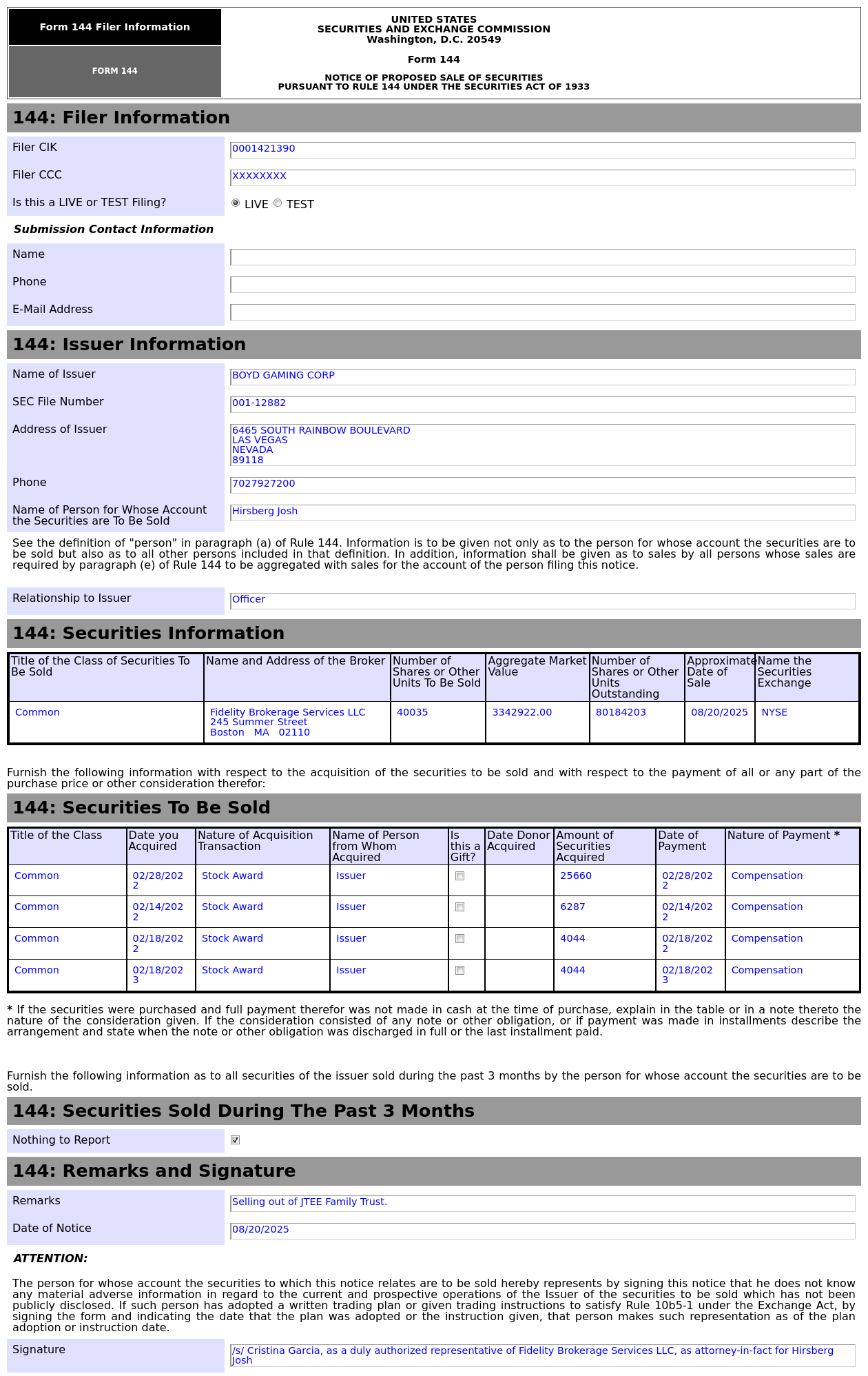 Form 144 | 博伊德賭場(BYD.US)高管擬出售4萬股，价值約334.29萬