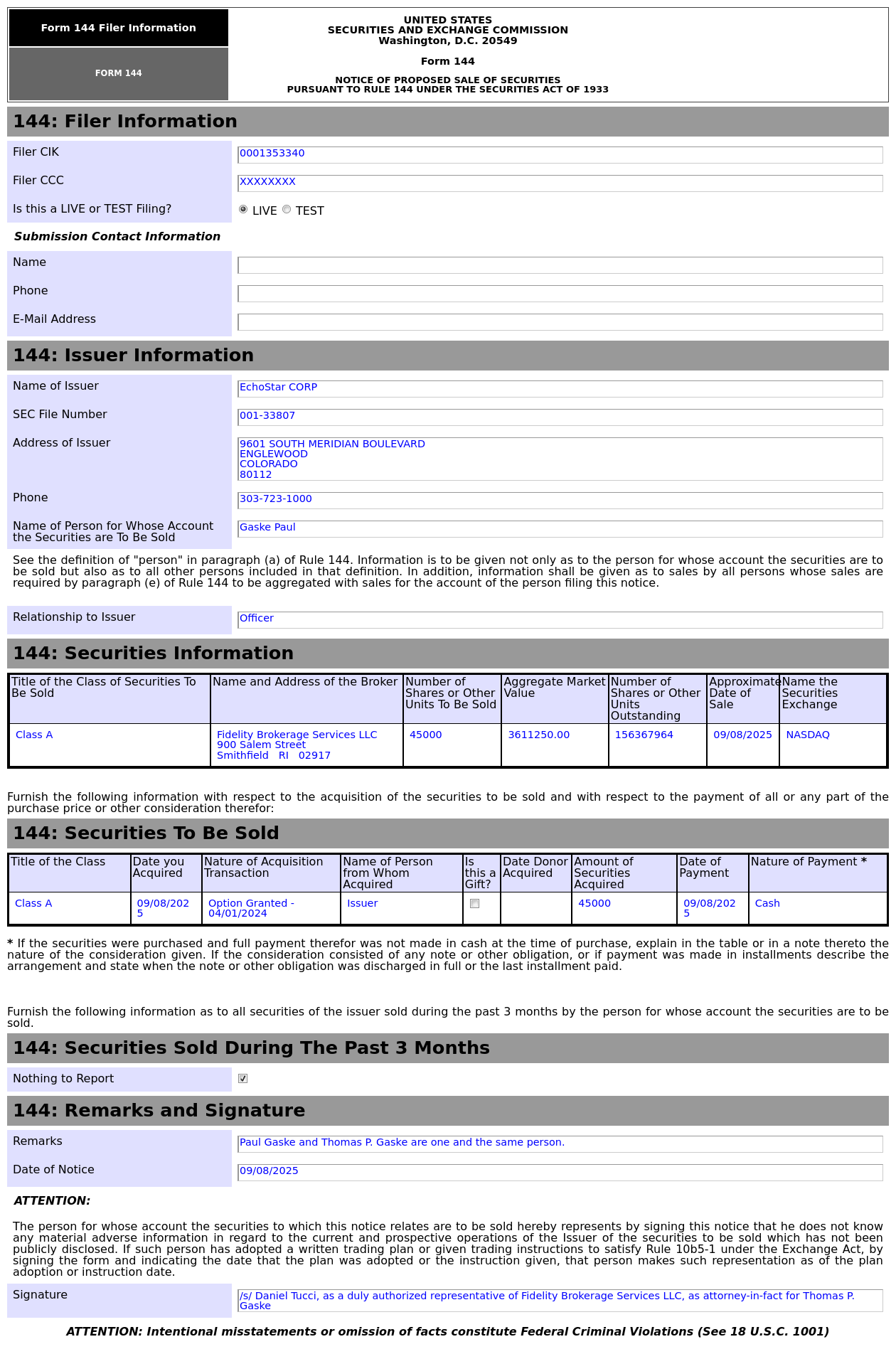 Form 144 | EchoStar(SATS.US) Officer Proposes to Sell 3.61 Million in  Common Stocks - moomoo