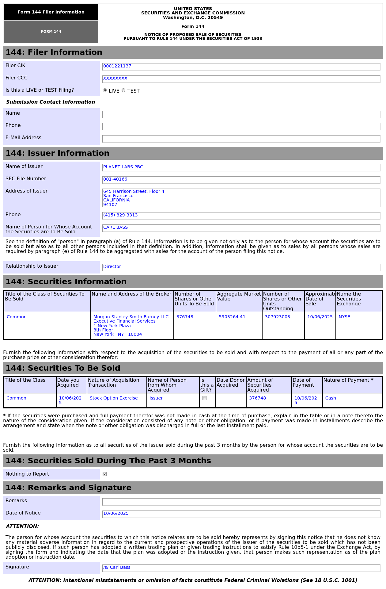 Form 144 | Planet Labs PBC(PL.US) Director Proposes to Sell 5.9 Million in  Common Stocks - moomoo