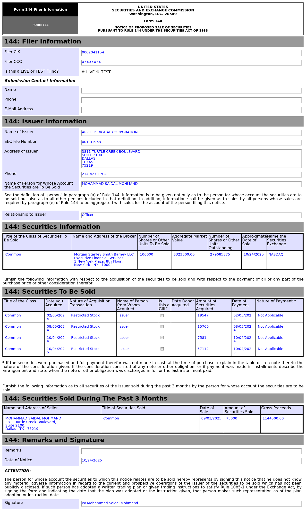 Form 144 | Applied Digital(APLD.US) Officer Proposes to Sell 3.32 Million  in Common Stocks - moomoo