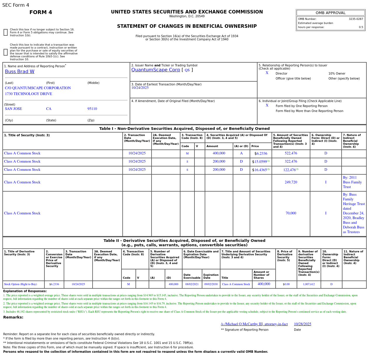 QuantumScape(QS.US)董事售出40万股普通股股份，价值约629.93万美元