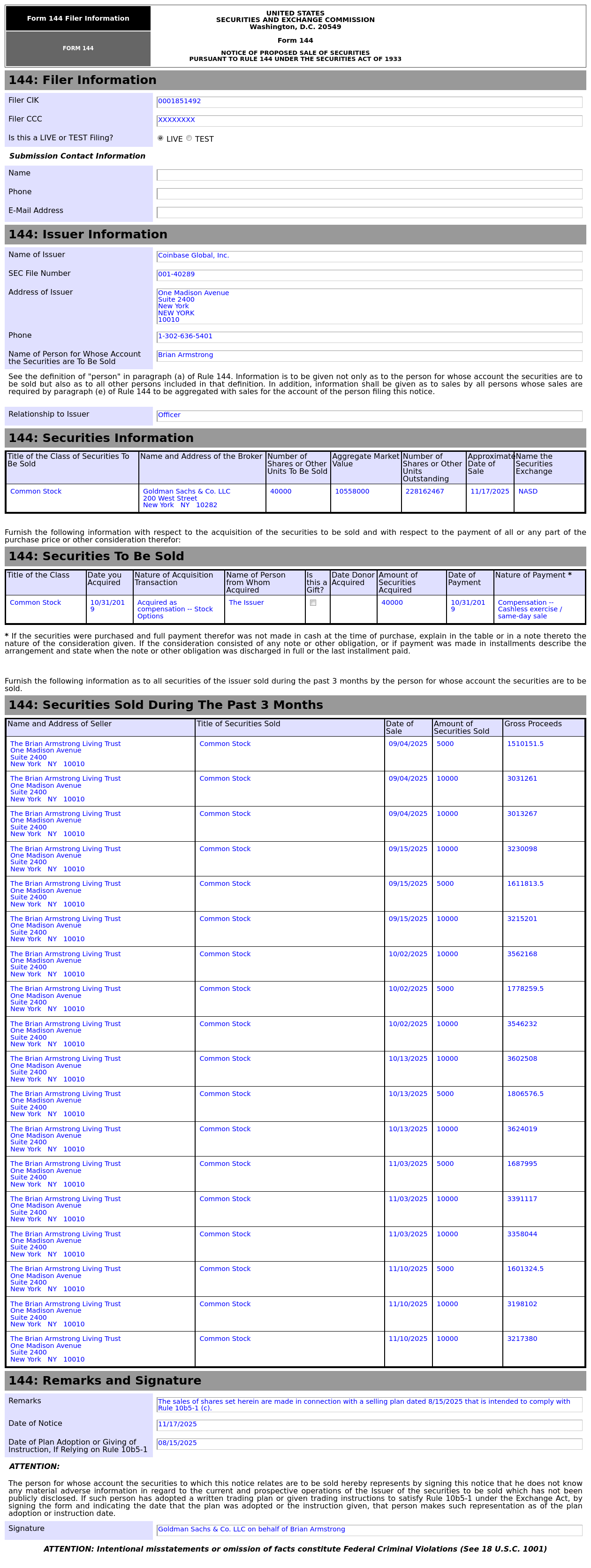 Form 144 | Coinbase(COIN.US) Officer Proposes to Sell 10.56 Million in  Common Stocks - moomoo