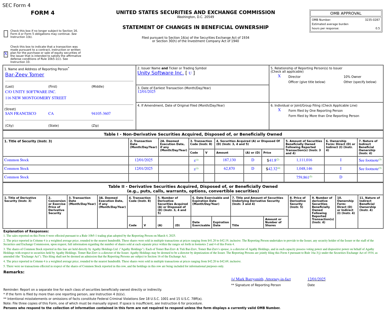 Unity Software(U.US) Director Sells US$10.48 Million in Common Stock