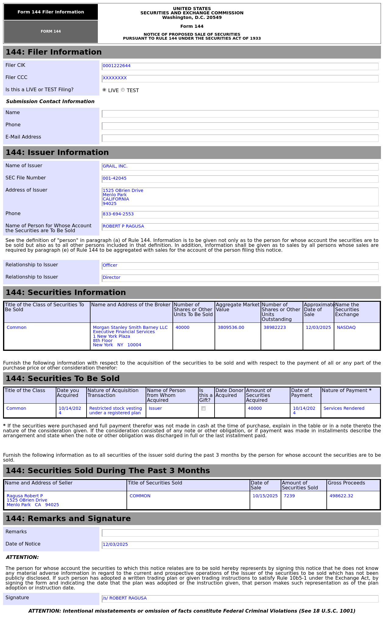 Form 144 | Grail(GRAL.US) Officer Proposes to Sell 3.81 Million in Common  Stocks - moomoo