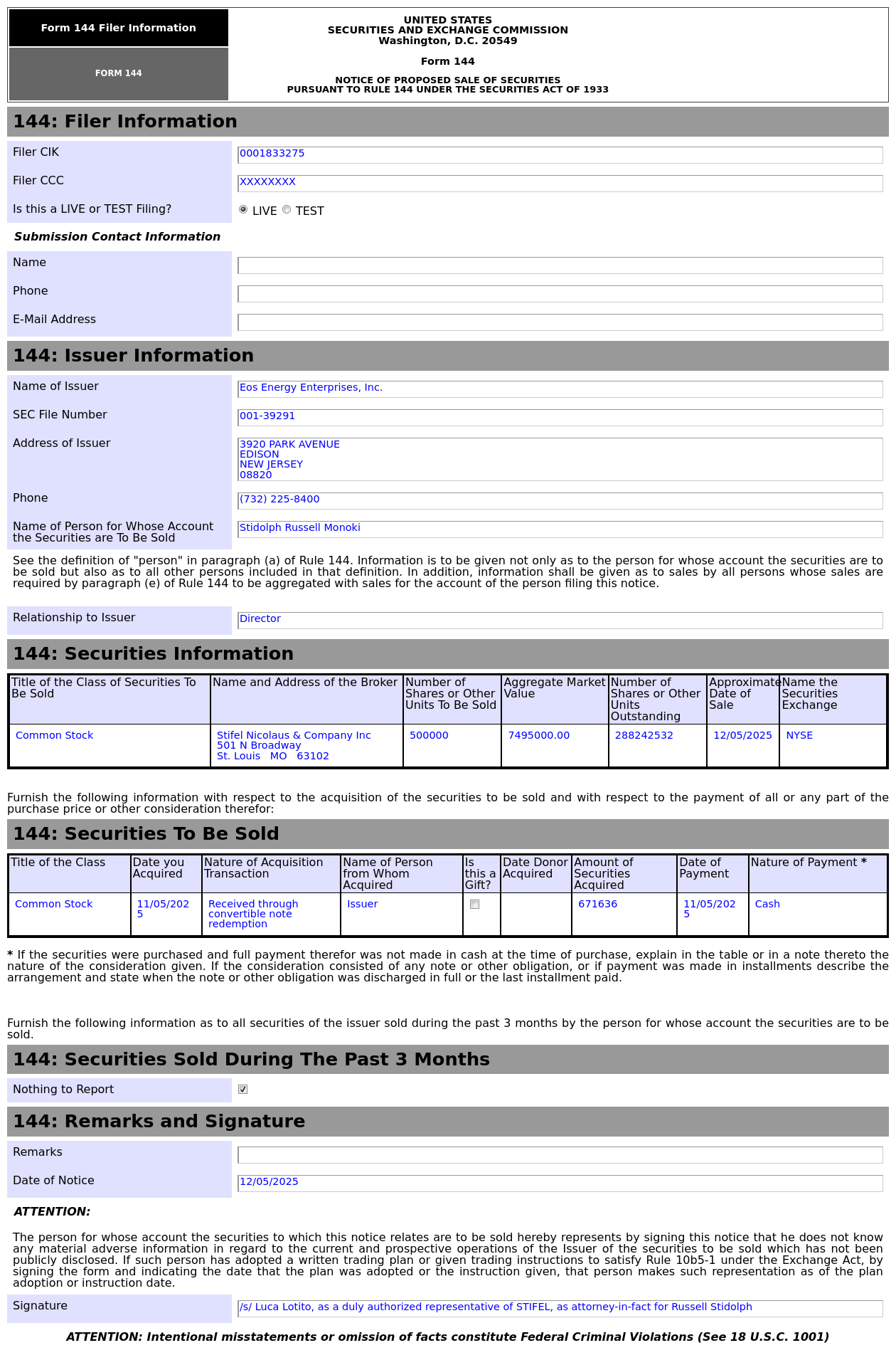 Form 144 | Eos Energy(EOSE.US)董事拟出售50万股股份，价值约749.5万美元- Moomoo