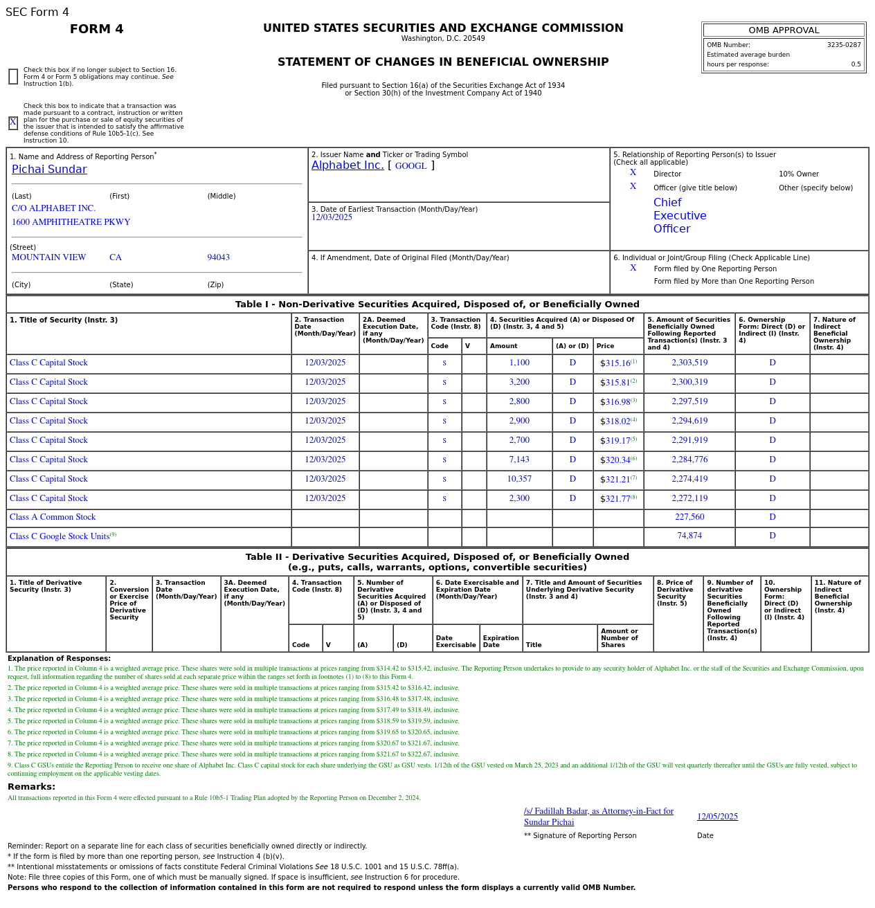 谷歌-C(GOOG.US)董事售出3.25万股普通股股份，价值约1,038.39万美元