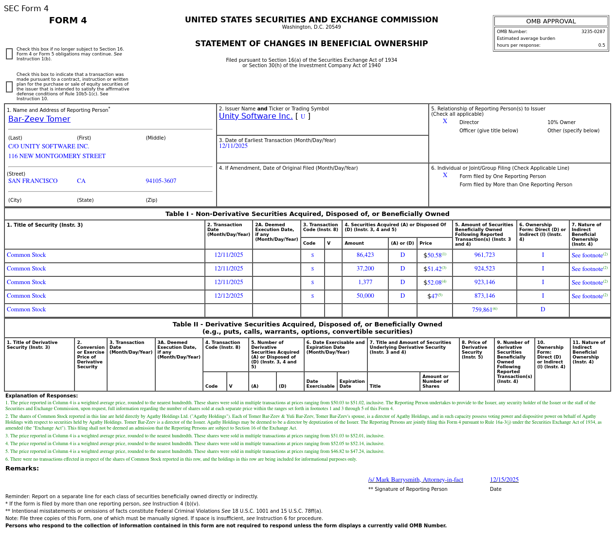 Unity Software(U.US) Director Sells US$8.71 Million in Common Stock