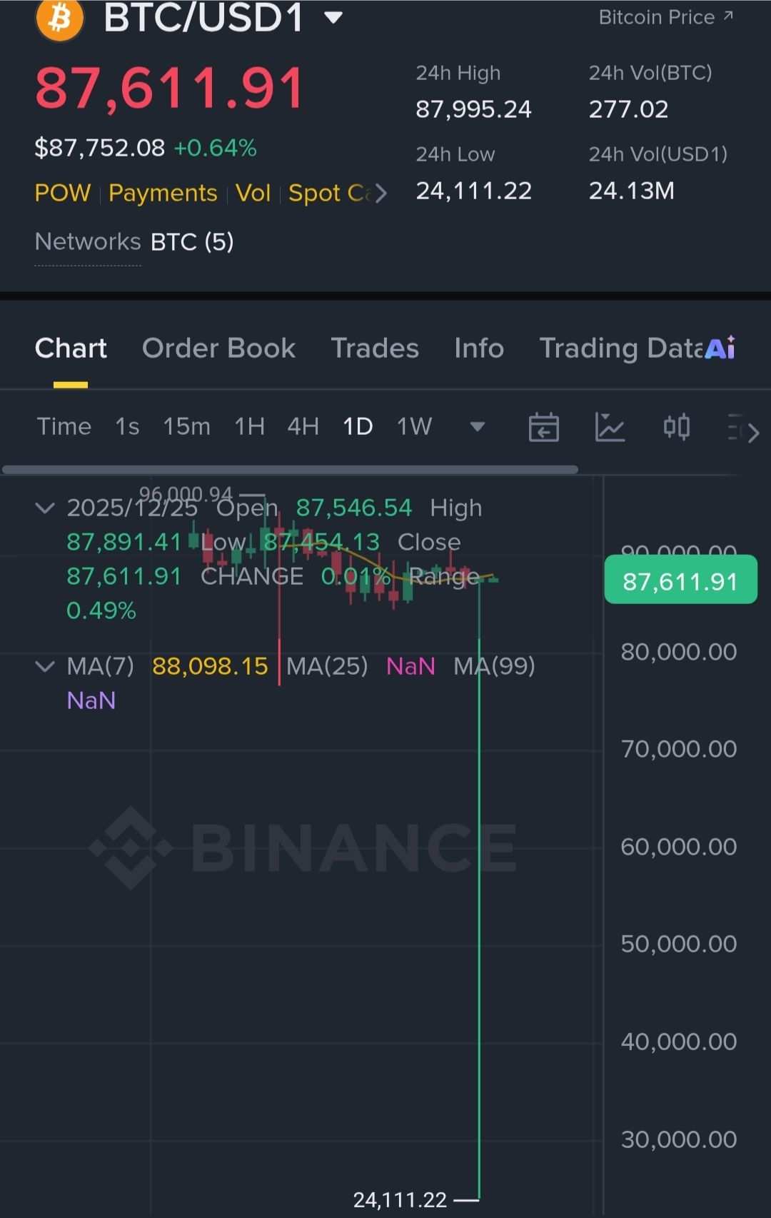 比特币在币安的USD1交易对中短暂触及24,000美元，出现快速波动。