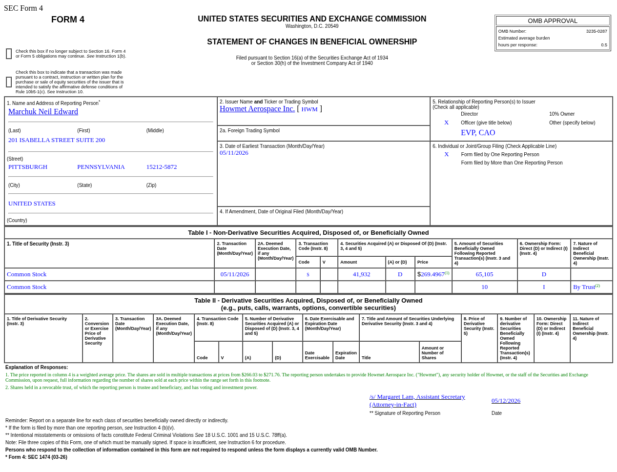 Howmet Aerospace(HWM.US) Officer Sells US$11.3 Million in Common Stock