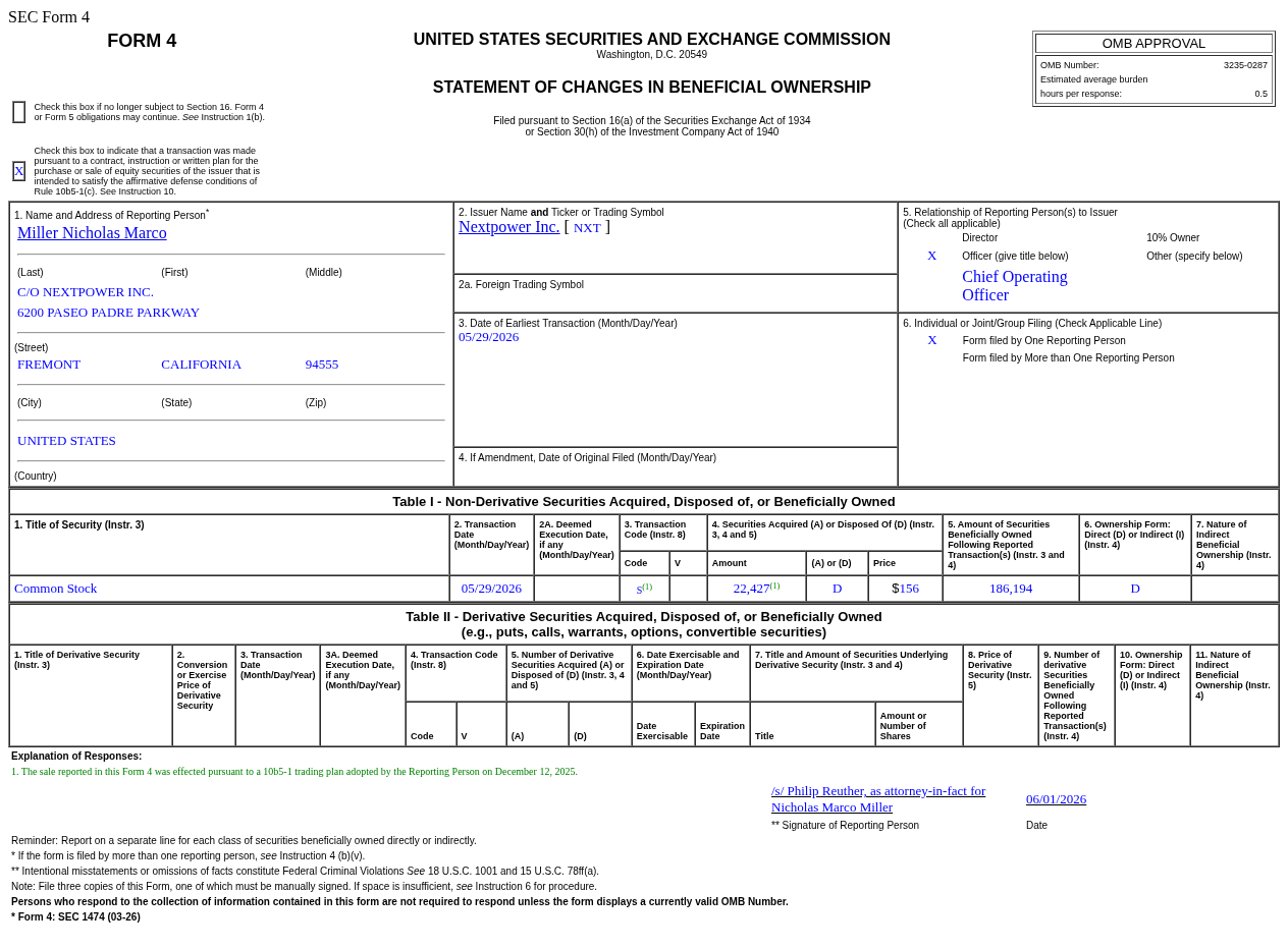 ネクストパワー(NXT.US)、Miller Nicholas Marcoが349.86万ドルで普通